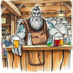 A color sketch illustration in pencil of a Dungeons & Dragons Goliath serving as a barkeeper in a medieval tavern