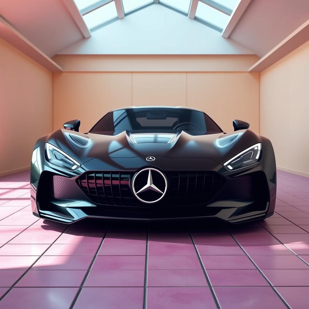 A digital rendering of a futuristic sports car with a glossy black color and a sleek, modern design