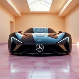A digital rendering of a futuristic sports car with a glossy black color and a sleek, modern design