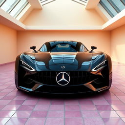 A digital rendering of a futuristic sports car with a glossy black color and a sleek, modern design