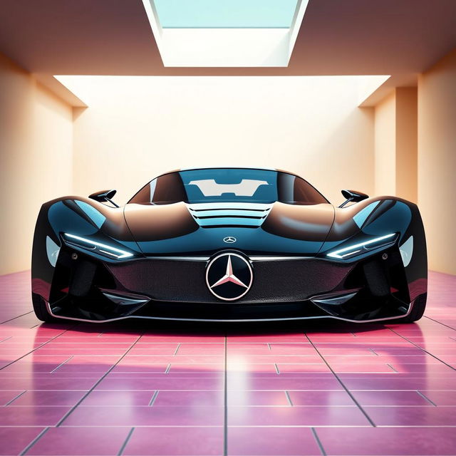 A digital rendering of a futuristic sports car with a glossy black color and a sleek, modern design