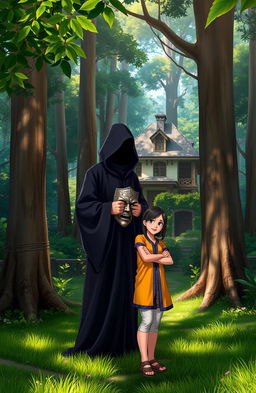 A mystical forest background featuring a charming villa at the center, surrounded by tall trees and vibrant greenery
