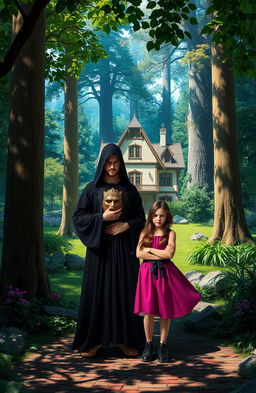 A mystical forest background featuring a charming villa at the center, surrounded by tall trees and vibrant greenery