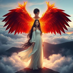A mesmerizing fantasy book cover featuring a girl with long, flowing dark hair, dressed in an elegant white dress that billows gently