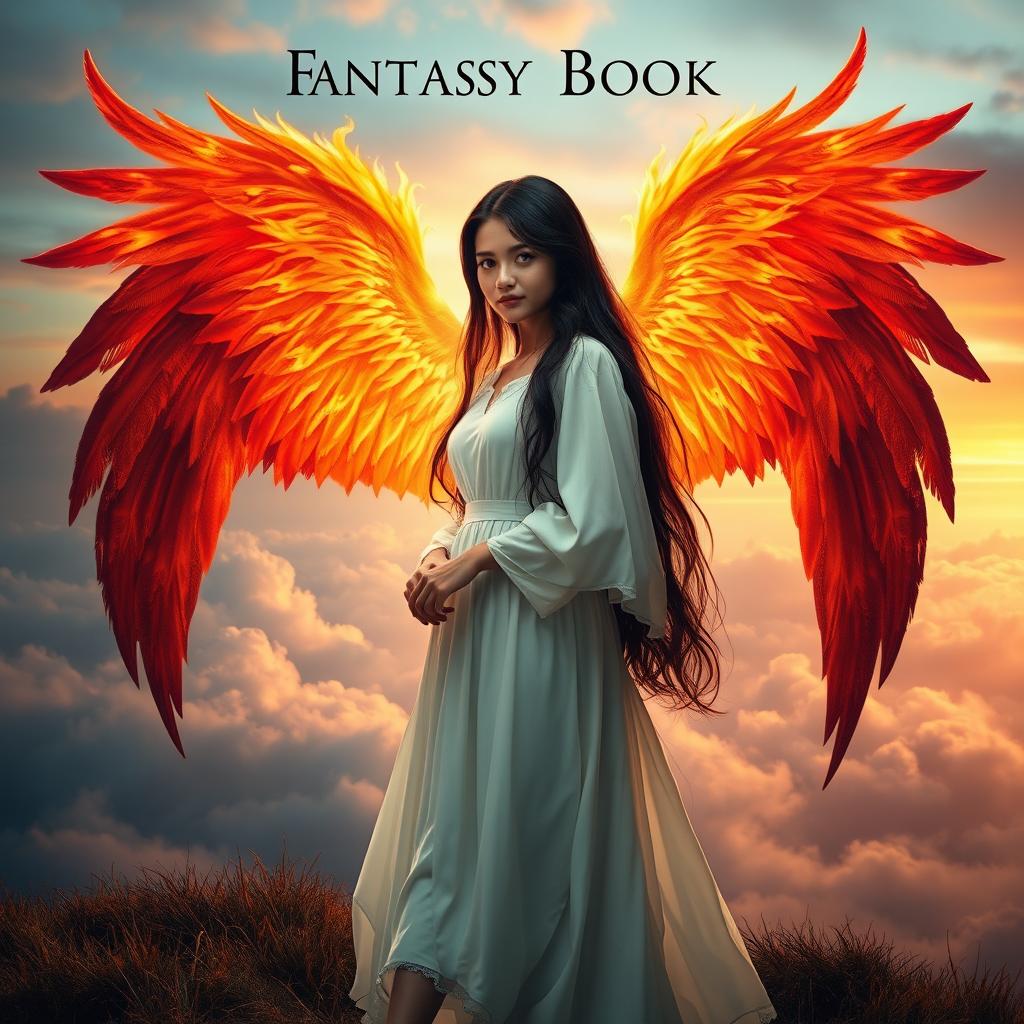 A mesmerizing fantasy book cover featuring a girl with long, flowing dark hair, dressed in an elegant white dress that billows gently