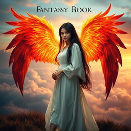 A mesmerizing fantasy book cover featuring a girl with long, flowing dark hair, dressed in an elegant white dress that billows gently