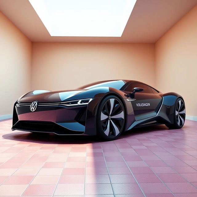 A digital rendering of a futuristic sports car in glossy black color, featuring a sleek and modern design