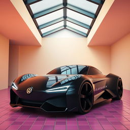 A digital rendering of a futuristic sports car in glossy black color, featuring a sleek and modern design