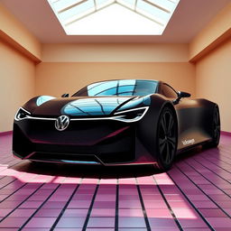 A digital rendering of a futuristic sports car in glossy black color, featuring a sleek and modern design
