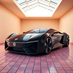 A digital rendering of a futuristic sports car in glossy black color, featuring a sleek and modern design