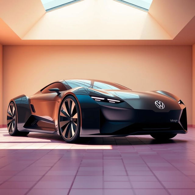 A digital rendering of a futuristic sports car in a sleek black color, showcasing a modern design