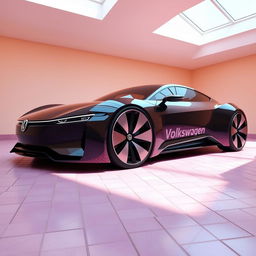 A digital rendering of a futuristic sports car in a sleek black color, showcasing a modern design