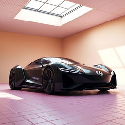 A digital rendering of a futuristic sports car in a sleek black color, showcasing a modern design