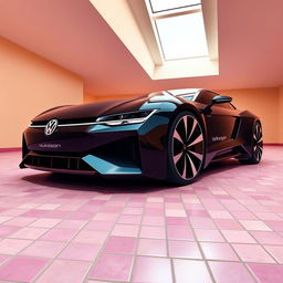 A digital rendering of a futuristic sports car in a sleek black color, showcasing a modern design