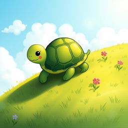 A cute green-shelled turtle climbing on a hillside, illustrated in the whimsical and charming style of Jon Klassen