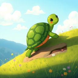 A cute green-shelled turtle climbing on a hillside, illustrated in the whimsical and charming style of Jon Klassen