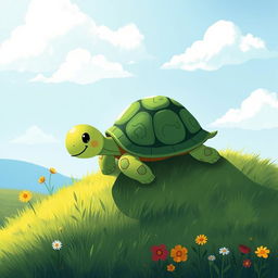 A cute green-shelled turtle climbing on a hillside, illustrated in the whimsical and charming style of Jon Klassen