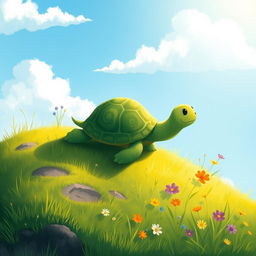 A cute green-shelled turtle climbing on a hillside, illustrated in the whimsical and charming style of Jon Klassen