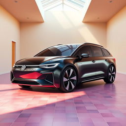 A digital rendering of a futuristic station wagon in a sleek and curvy design, featuring a glossy black color