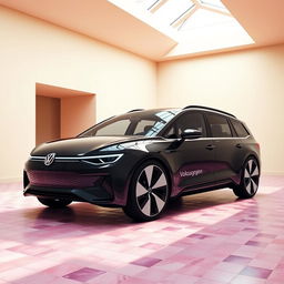 A digital rendering of a futuristic station wagon in a sleek and curvy design, featuring a glossy black color