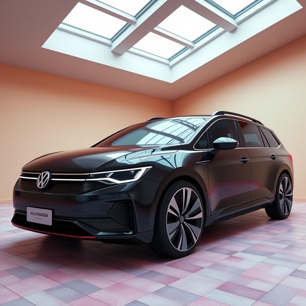 A digital rendering of a futuristic station wagon in a sleek and curvy design, featuring a glossy black color