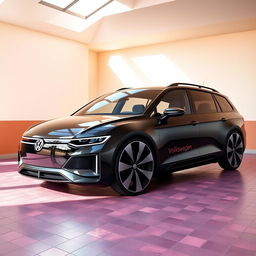 A digital rendering of a futuristic station wagon in a sleek and curvy design, featuring a glossy black color
