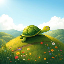 A cute green-shelled turtle climbing on a hillside, illustrated in the whimsical and charming style of Jon Klassen