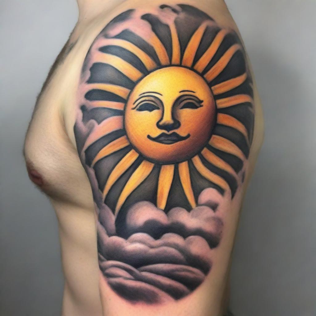 A high-resolution image of a tattoo design, showcasing a radiant sun and fluffy clouds