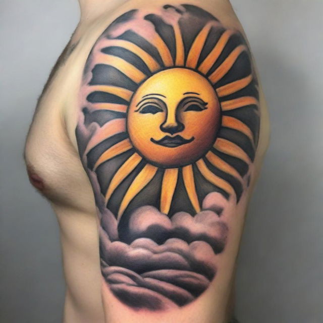 A high-resolution image of a tattoo design, showcasing a radiant sun and fluffy clouds