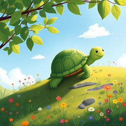 A cute green-shelled turtle climbing on a hillside, illustrated in the whimsical and charming style of Jon Klassen