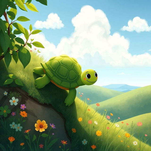 A cute green-shelled turtle climbing on a hillside, illustrated in the whimsical and charming style of Jon Klassen