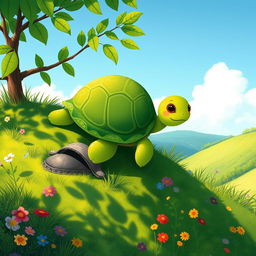 A cute green-shelled turtle climbing on a hillside, illustrated in the whimsical and charming style of Jon Klassen