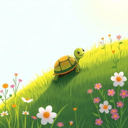 In a bright and cheerful spring setting, a cute little turtle is happily crawling up a grassy hillside, surrounded by blooming flowers and vibrant greenery