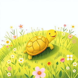 In a bright and cheerful spring setting, a cute little turtle is happily crawling up a grassy hillside, surrounded by blooming flowers and vibrant greenery