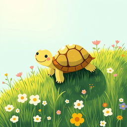 In a bright and cheerful spring setting, a cute little turtle is happily crawling up a grassy hillside, surrounded by blooming flowers and vibrant greenery