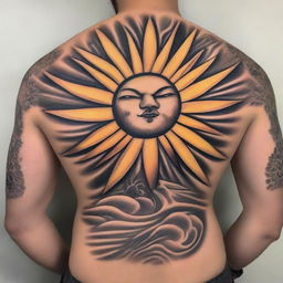 A high-resolution image of a tattoo design, showcasing a radiant sun and fluffy clouds