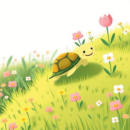In a bright and cheerful spring setting, a cute little turtle is happily crawling up a grassy hillside, surrounded by blooming flowers and vibrant greenery
