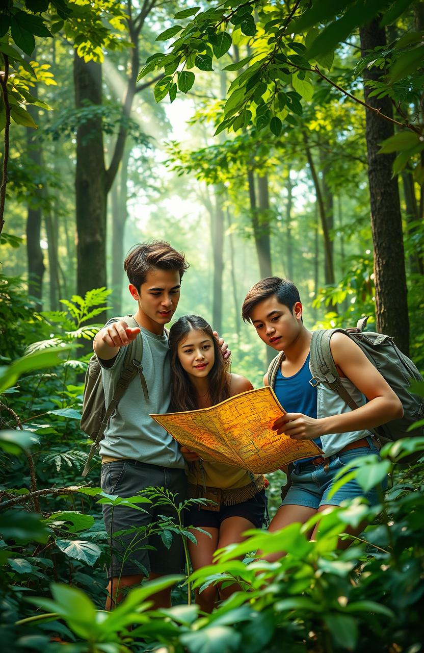 A captivating scene in a dense, lush forest depicting four adventurous teenage friends who are lost