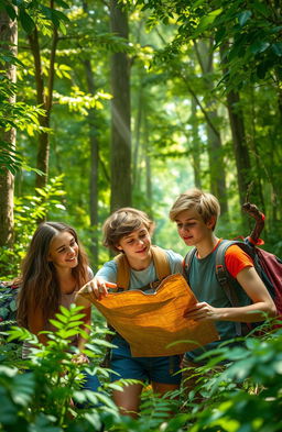 A captivating scene in a dense, lush forest depicting four adventurous teenage friends who are lost