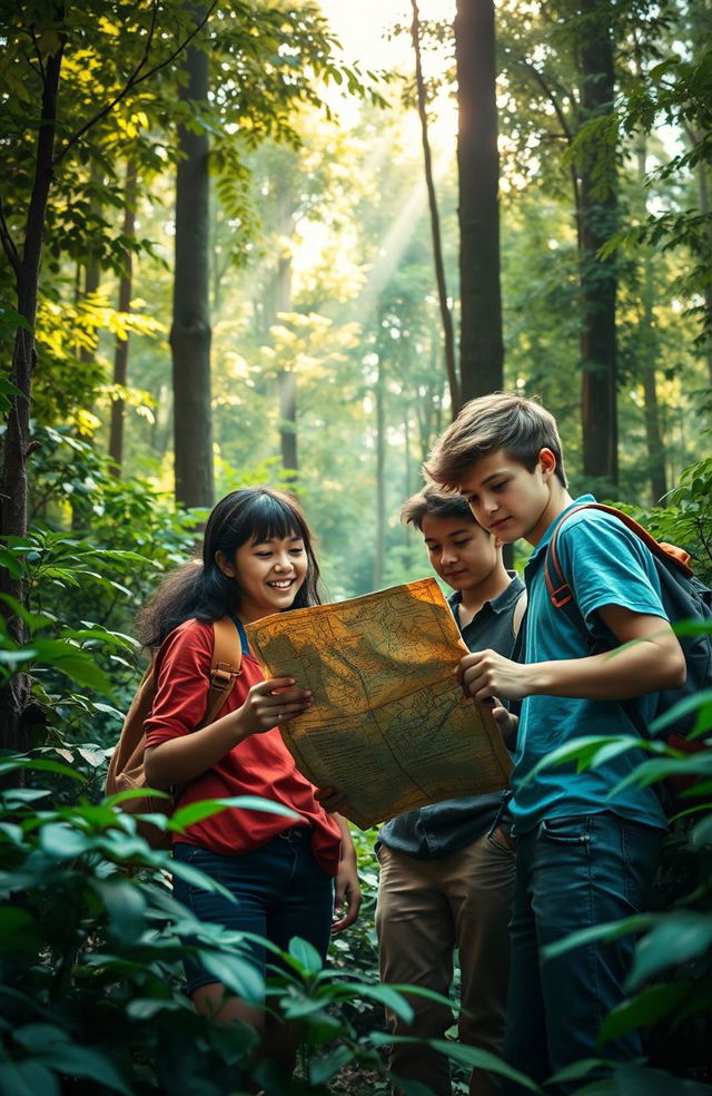 A captivating scene in a dense, lush forest depicting four adventurous teenage friends who are lost