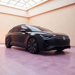 A digital rendering of a futuristic station wagon, showcasing a sleek and curvy design in glossy black color