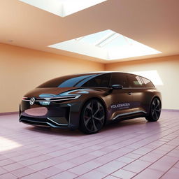 A digital rendering of a futuristic station wagon, showcasing a sleek and curvy design in glossy black color