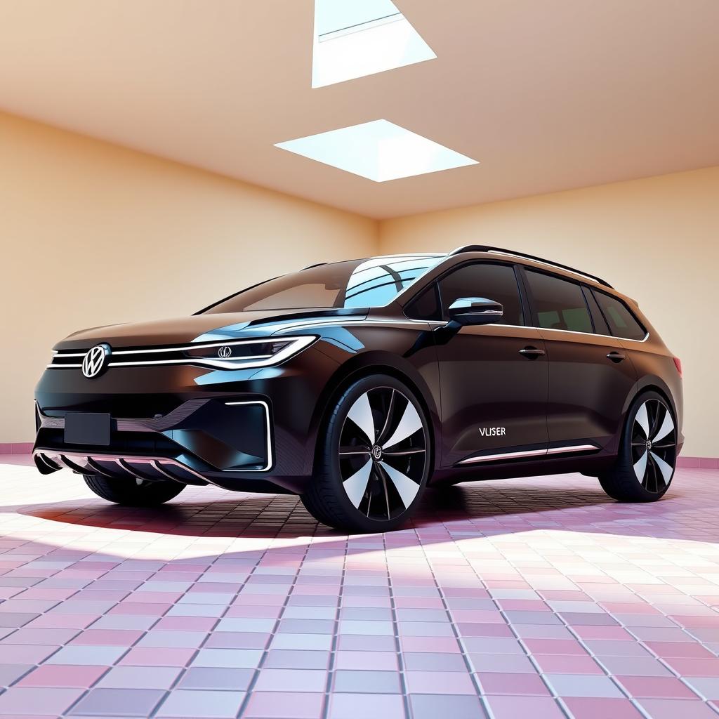 A digital rendering of a futuristic station wagon, showcasing a sleek and curvy design in glossy black color