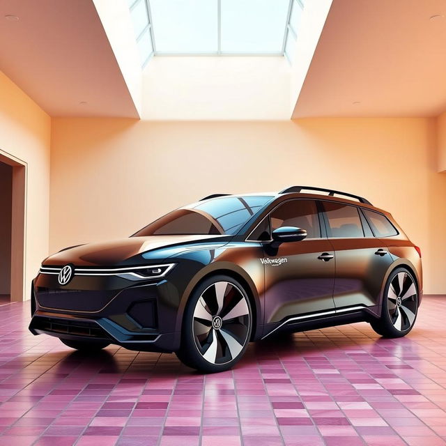 A digital rendering of a futuristic station wagon, showcasing a sleek and curvy design in glossy black color