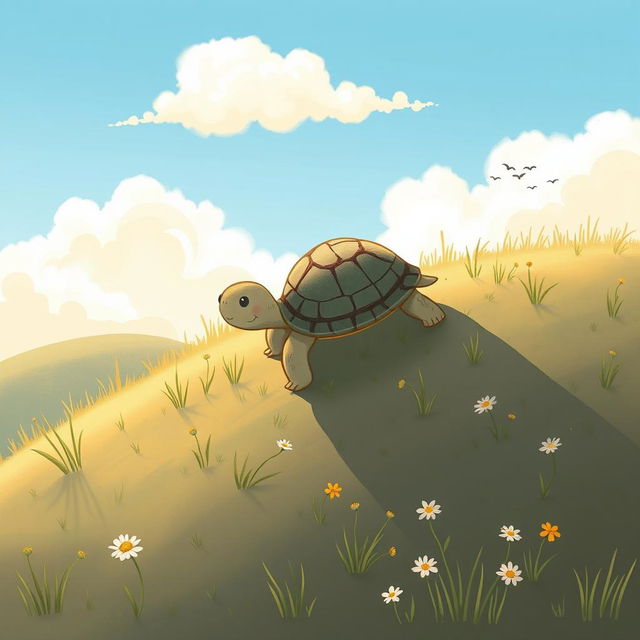 A small turtle climbing on a hillside, illustrated in the delightful and whimsical style of Jon Klassen