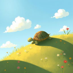 A small turtle climbing on a hillside, illustrated in the delightful and whimsical style of Jon Klassen