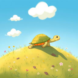 A small turtle climbing on a hillside, illustrated in the delightful and whimsical style of Jon Klassen