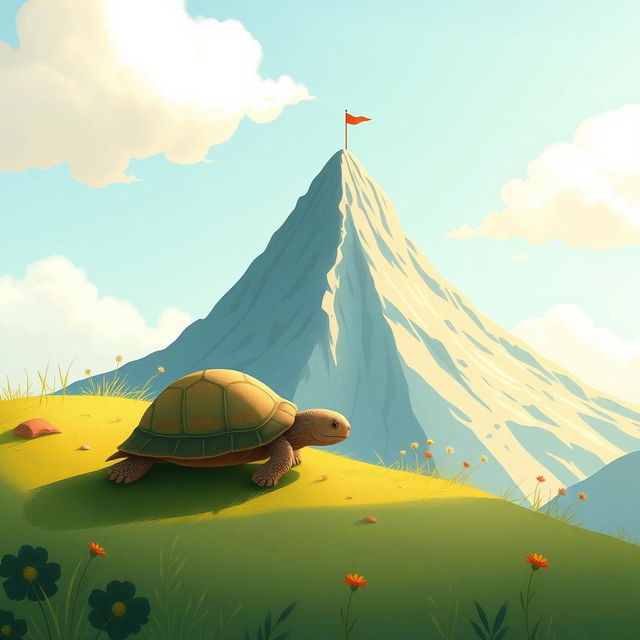 A small turtle crawling on a hillside, with a large mountain in the distance featuring a small red flag planted at its peak, illustrated in the whimsical and charming style of Jon Klassen