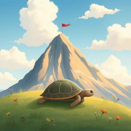 A small turtle crawling on a hillside, with a large mountain in the distance featuring a small red flag planted at its peak, illustrated in the whimsical and charming style of Jon Klassen