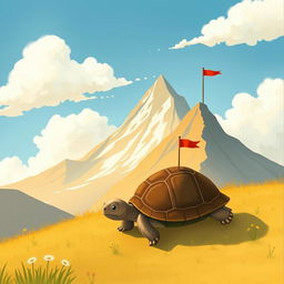 A small turtle crawling on a hillside, with a large mountain in the distance featuring a small red flag planted at its peak, illustrated in the whimsical and charming style of Jon Klassen